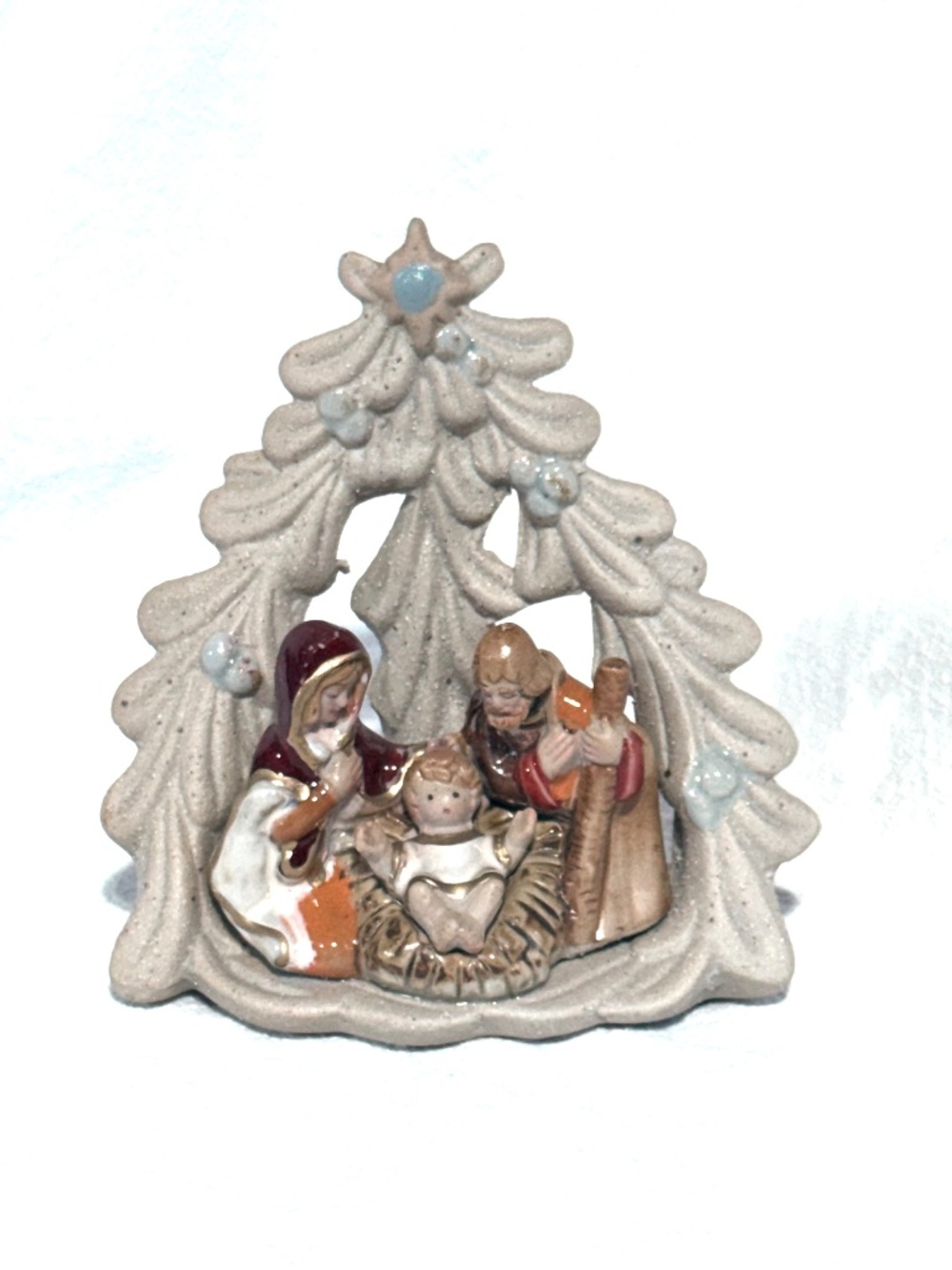 Christmas Tree Holy Family Textured Ceramic Tabletop Decor